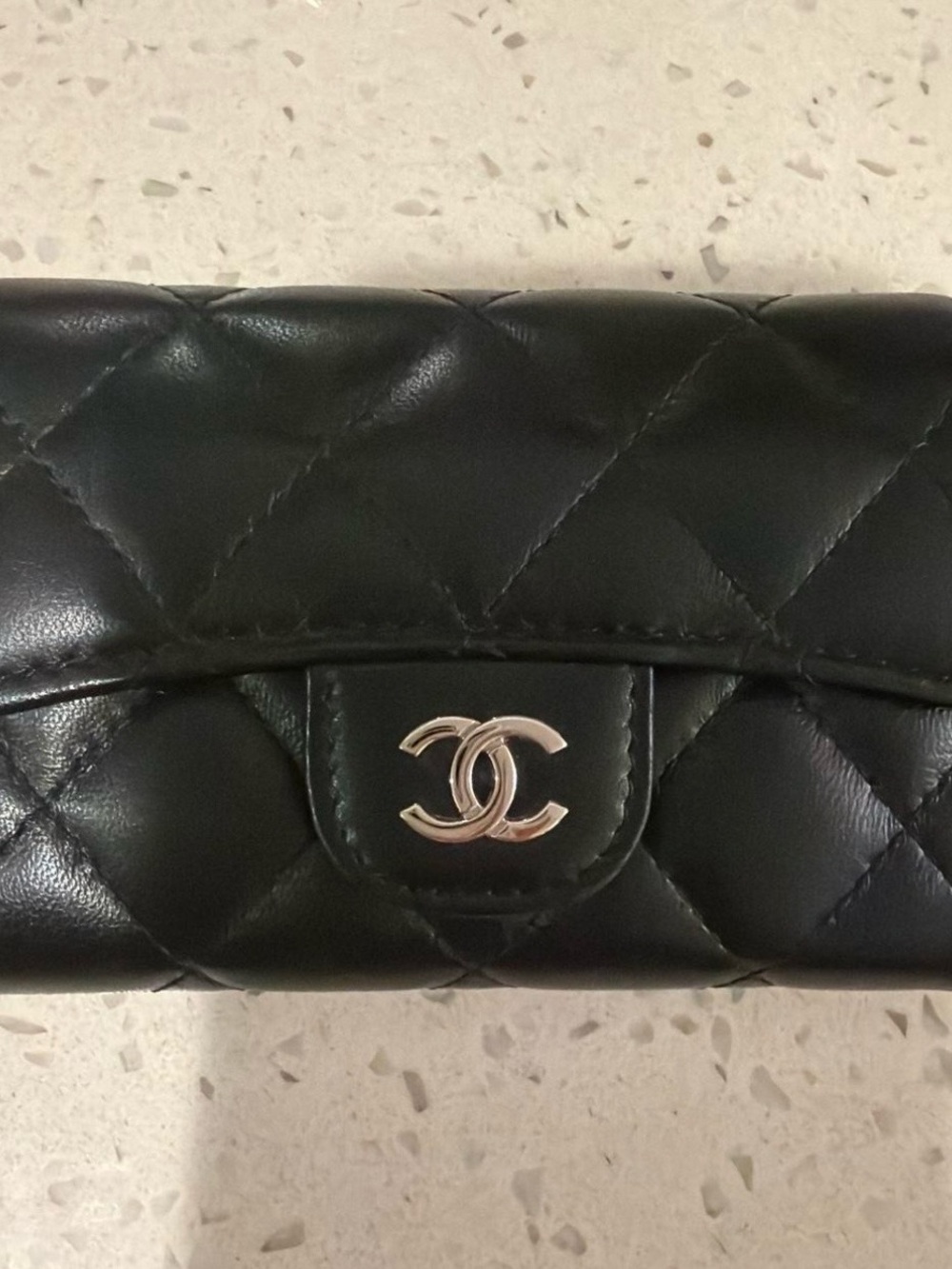 CHANEL Black Quilted Leather Wallet with Silver CC Turn-Lock
